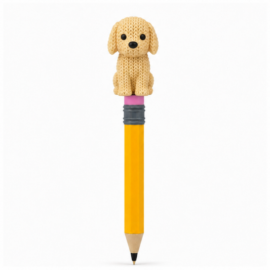 Knitted Golden Retriever Dog Topkinz character on jumbo pencil front view