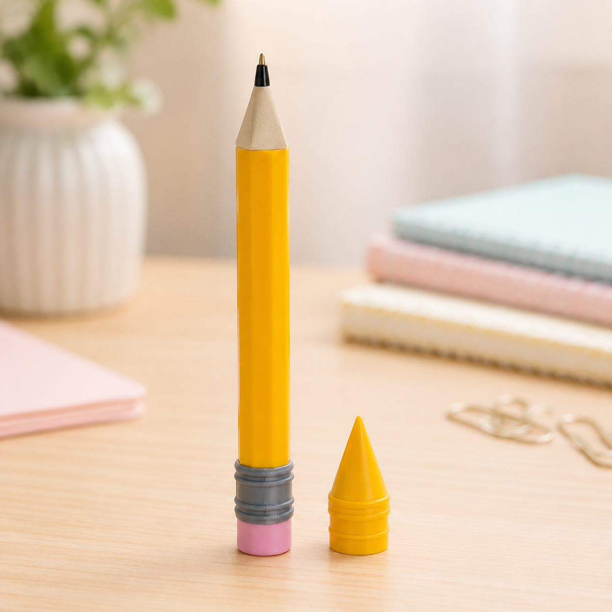 Yellow Chibi Charms pencil-style pen with its cap beside it on a desk.
