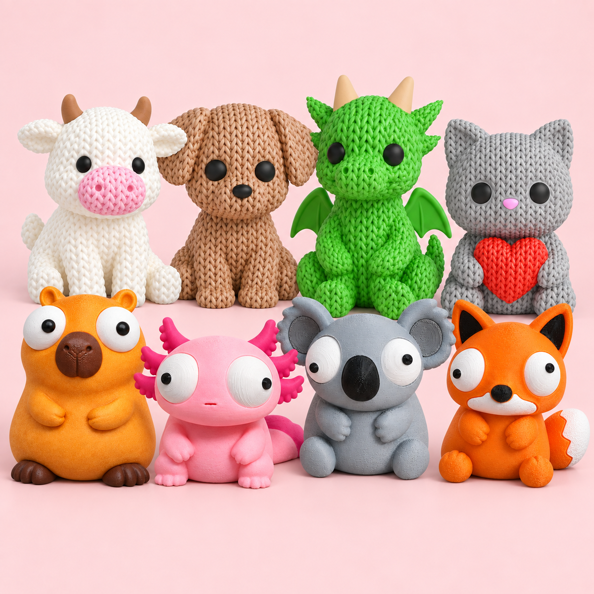 Mixed Topkinz group with four knitted-texture and four goofy-eye characters on pale pink