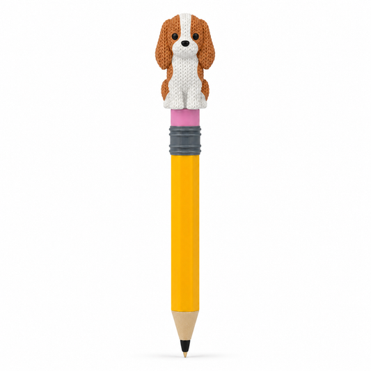 Knitted Cavalier King Charles Spaniel Dog Topkinz character on jumbo pencil front view