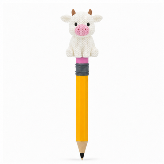 Knitted Cow Topkinz character on jumbo pencil front view