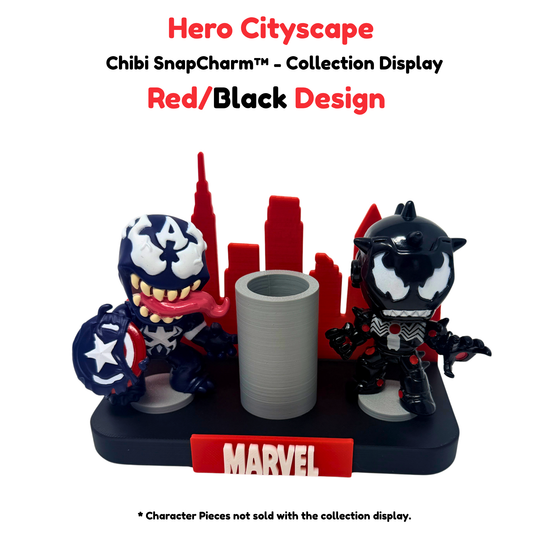 Chibi SnapCharm™ Red/Black Hero Cityscape Collection Display